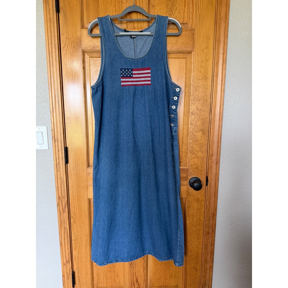 Lindsey Michelle Womens XL Denim Jumper Dress American Flag Embroidered Midi